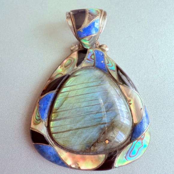 Native Southwestern 25 CT Labradorite Mosaic Inlay Pendant Sterling Silver 925 - Picture 1 of 6